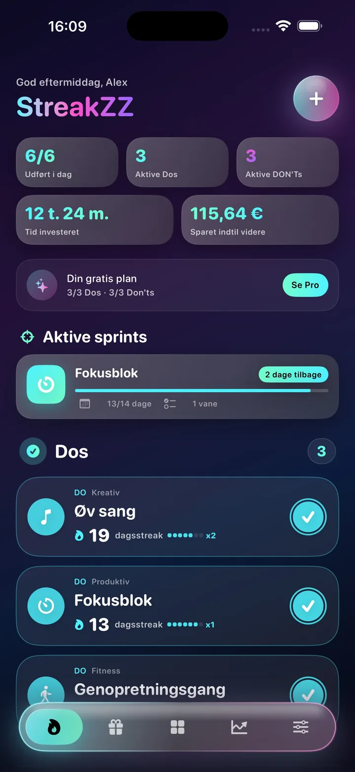 StreakZZ-startskærm med vaner og et aktivt sprint