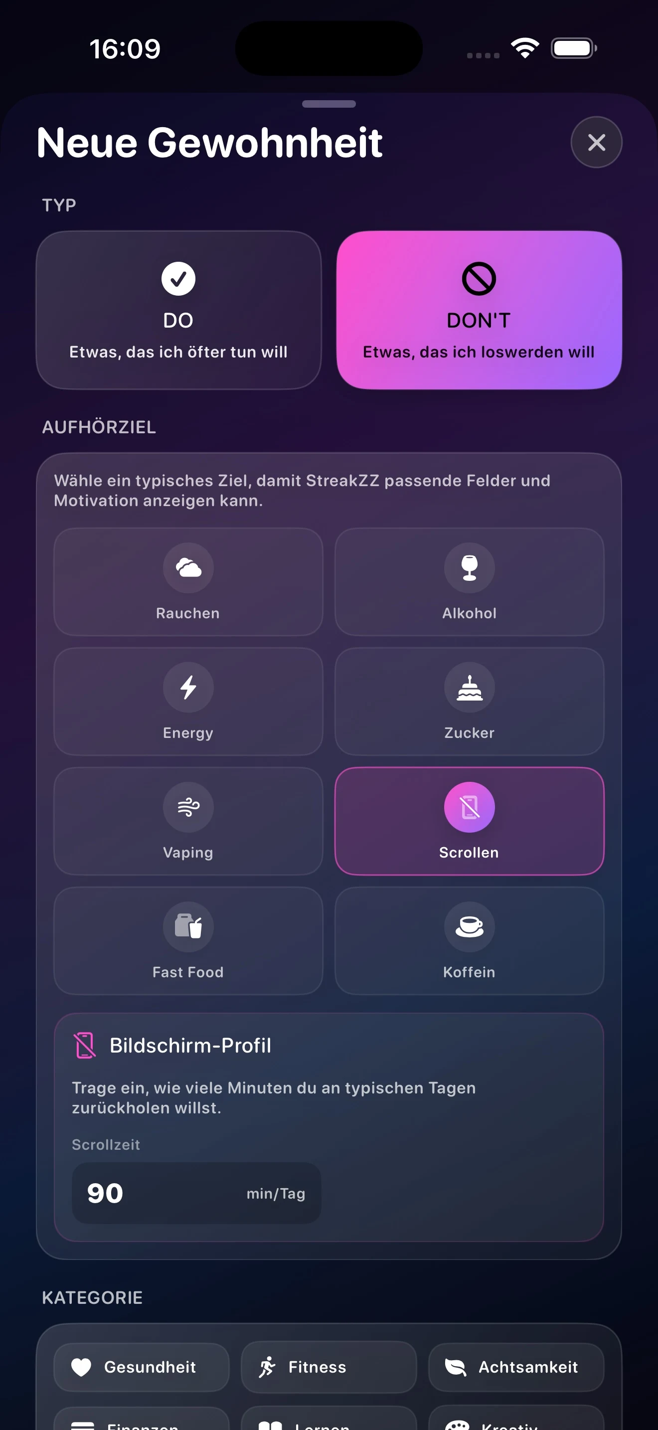 StreakZZ Ansicht zum Anlegen einer positiven Gewohnheit auf dem iPhone