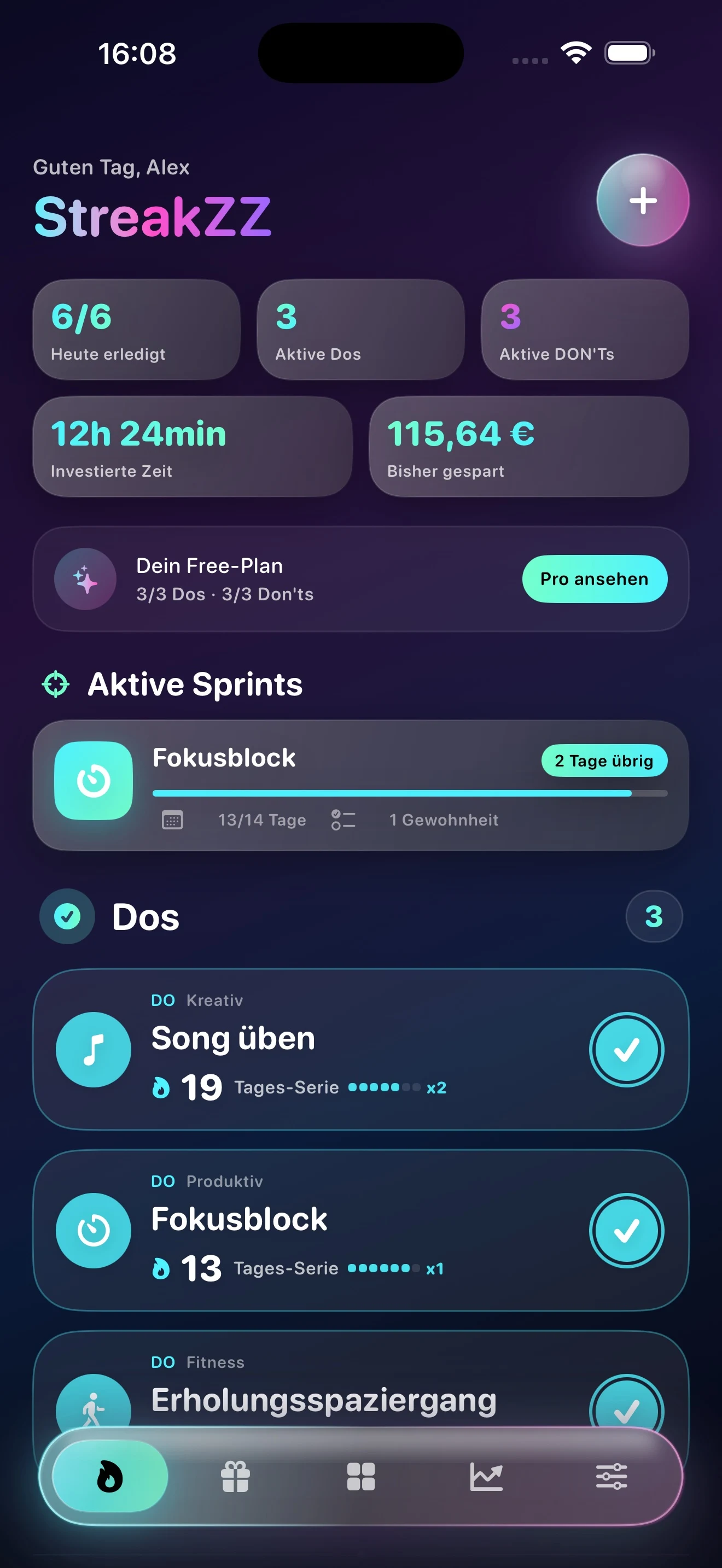 StreakZZ Startansicht mit mehreren positiven Gewohnheiten auf dem iPhone