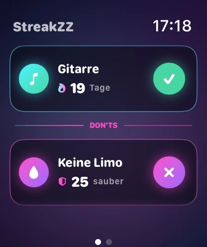 StreakZZ auf der Apple Watch: Gewohnheiten und Clean Days