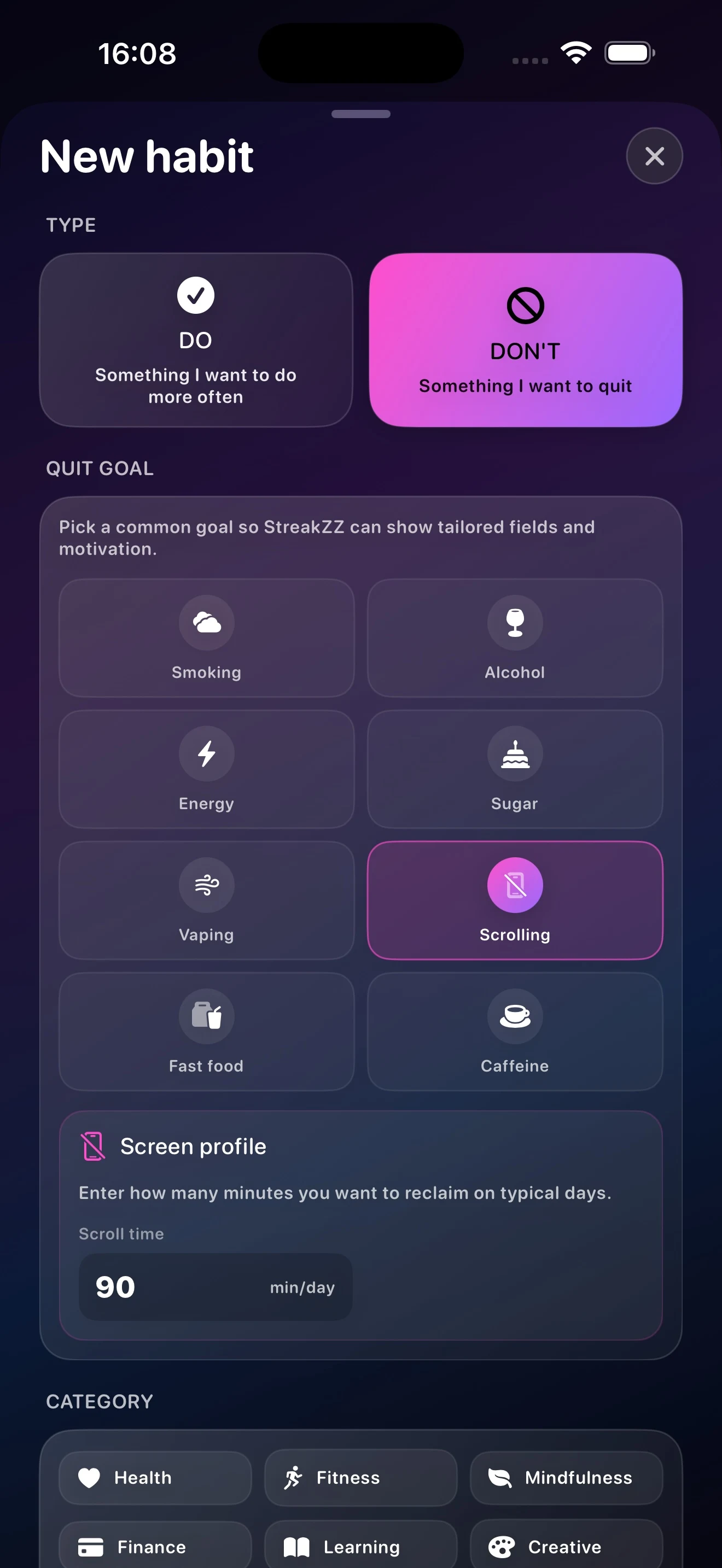 StreakZZ screen for creating a custom Don't on iPhone