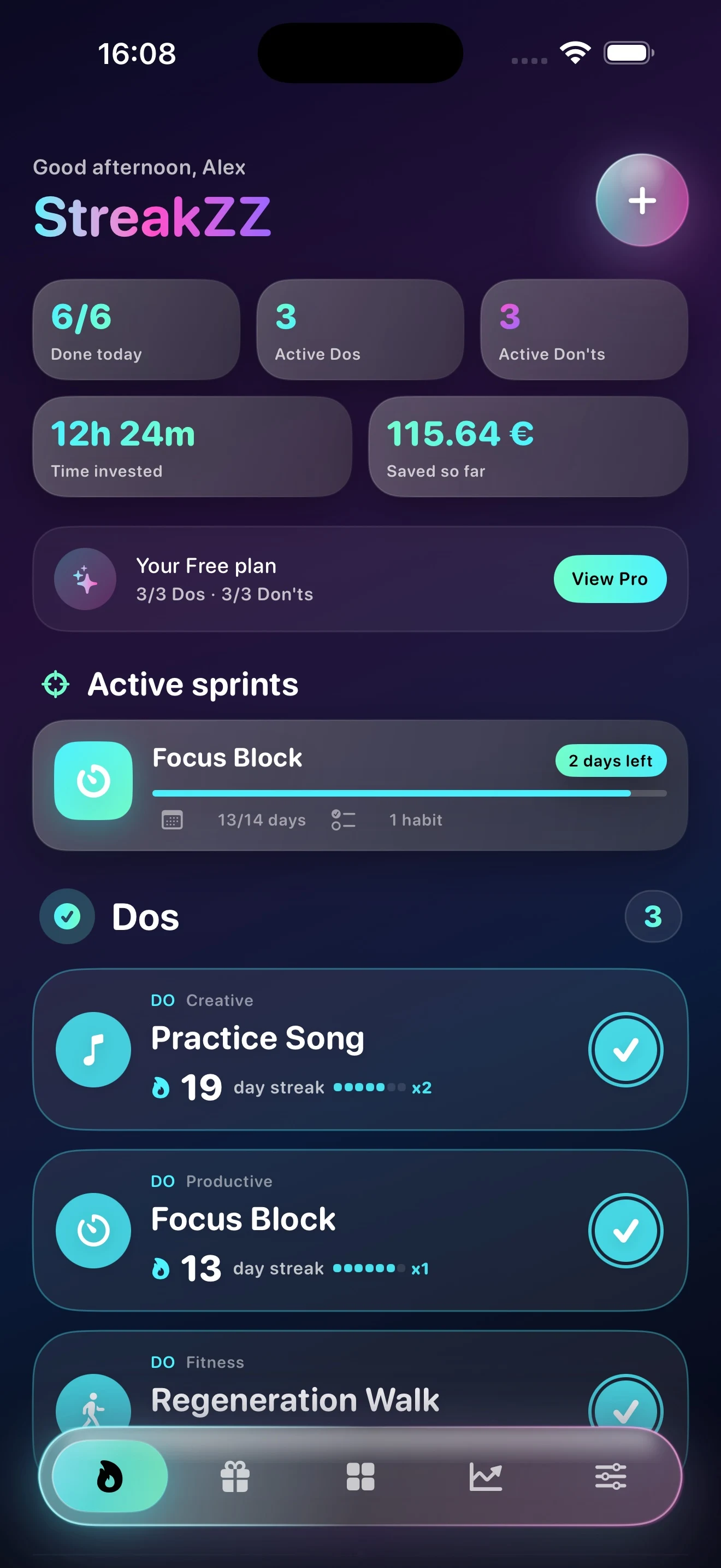 StreakZZ home screen with private habit check-ins on iPhone
