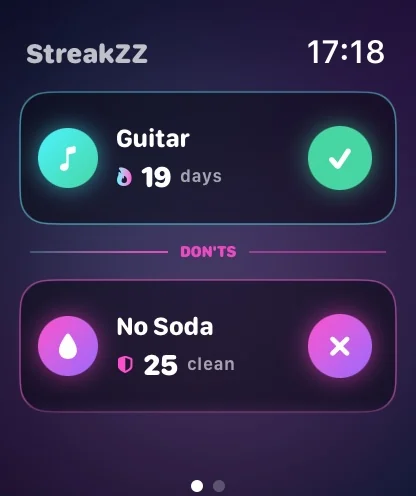 StreakZZ on Apple Watch: habits and clean days