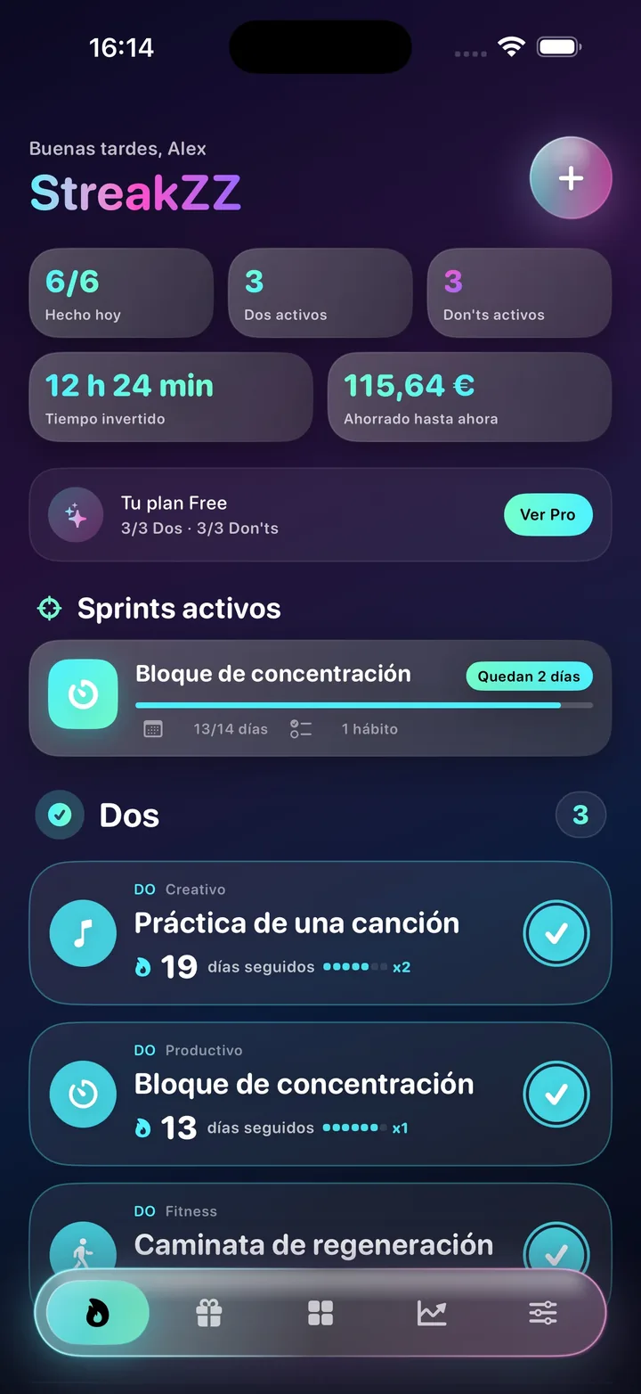Inicio de StreakZZ con hábitos y un sprint activo