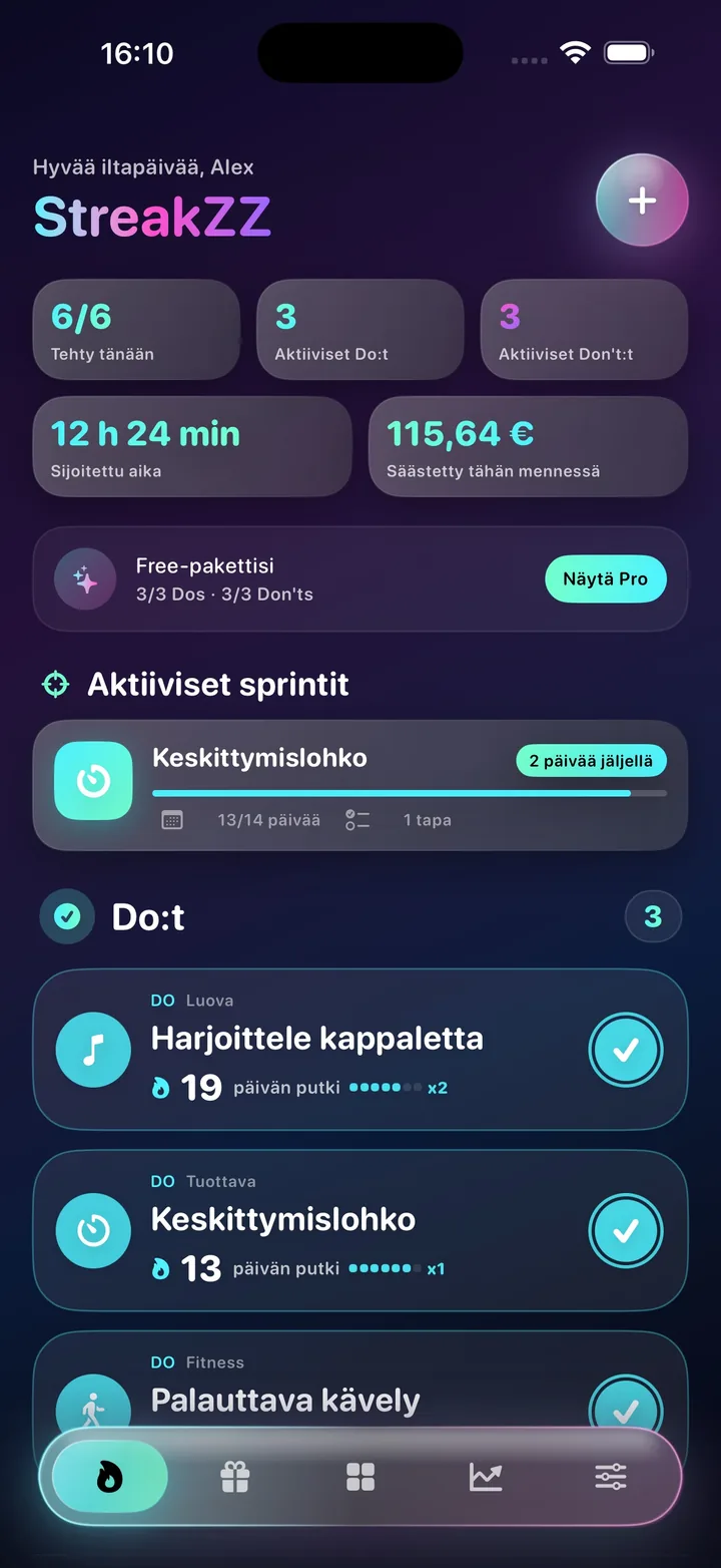 StreakZZ-aloitusnäkymä, jossa on tapoja ja aktiivinen sprintti