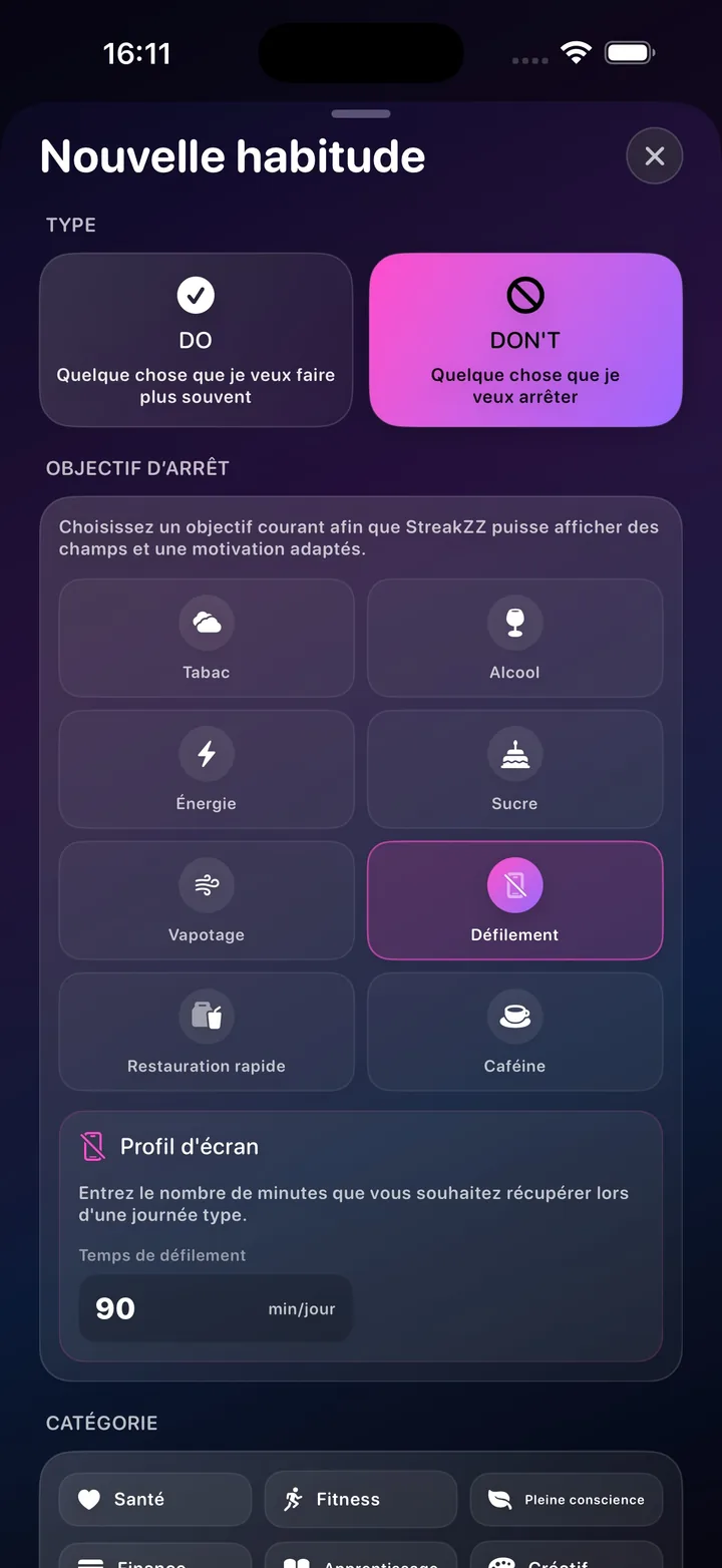 Création d’une habitude dans StreakZZ