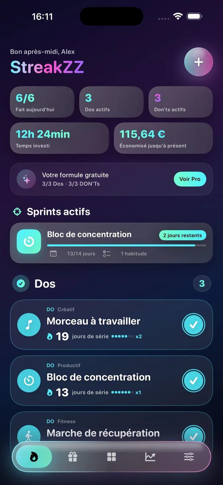 Accueil de StreakZZ avec habitudes et sprint actif