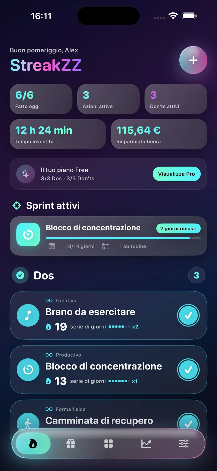 Schermata iniziale di StreakZZ con abitudini e sprint attivo