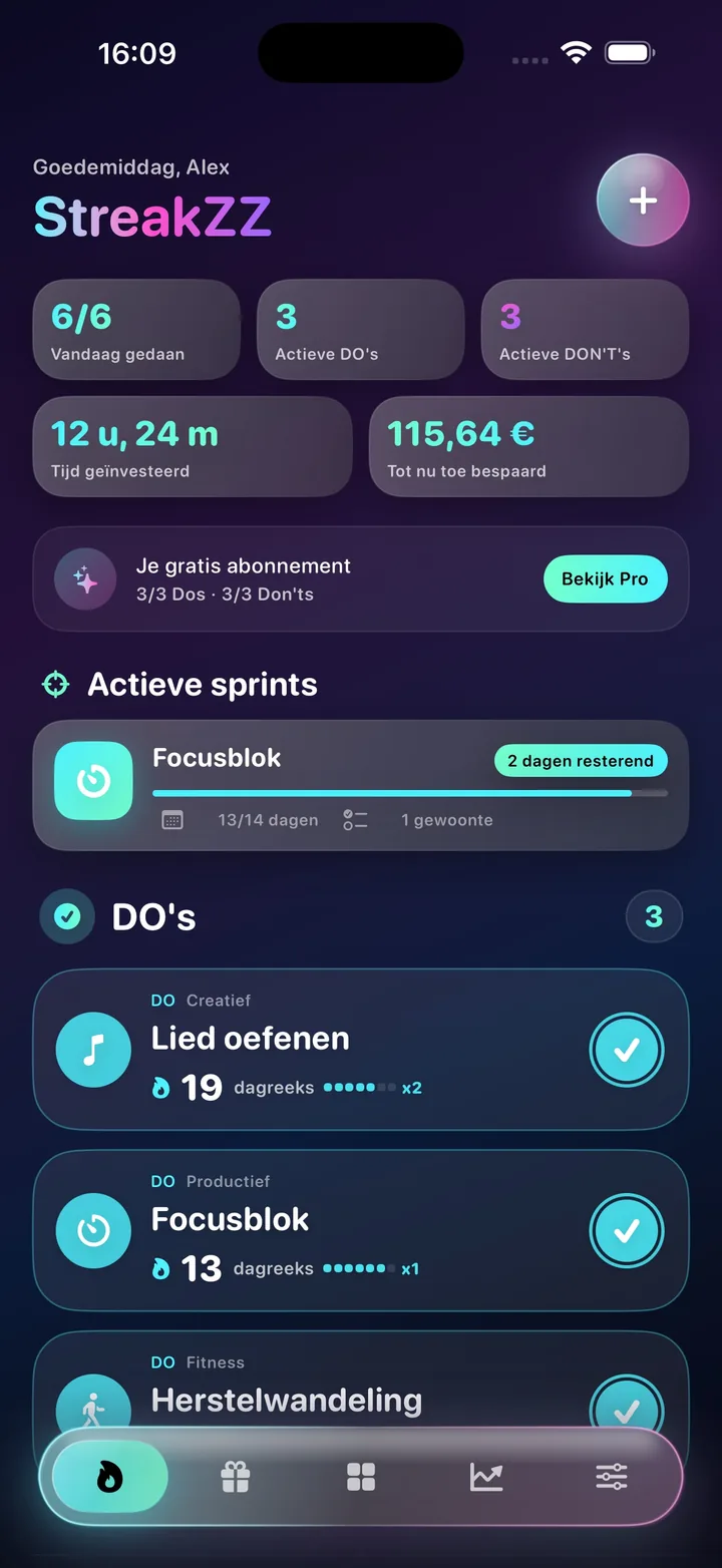 StreakZZ-startscherm met gewoontes en een actieve sprint