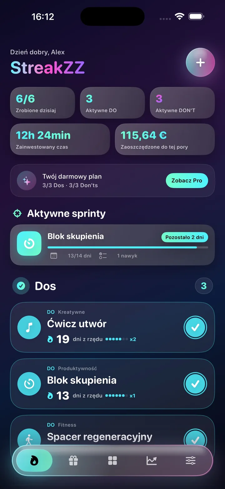 Ekran główny StreakZZ z nawykami i aktywnym sprintem
