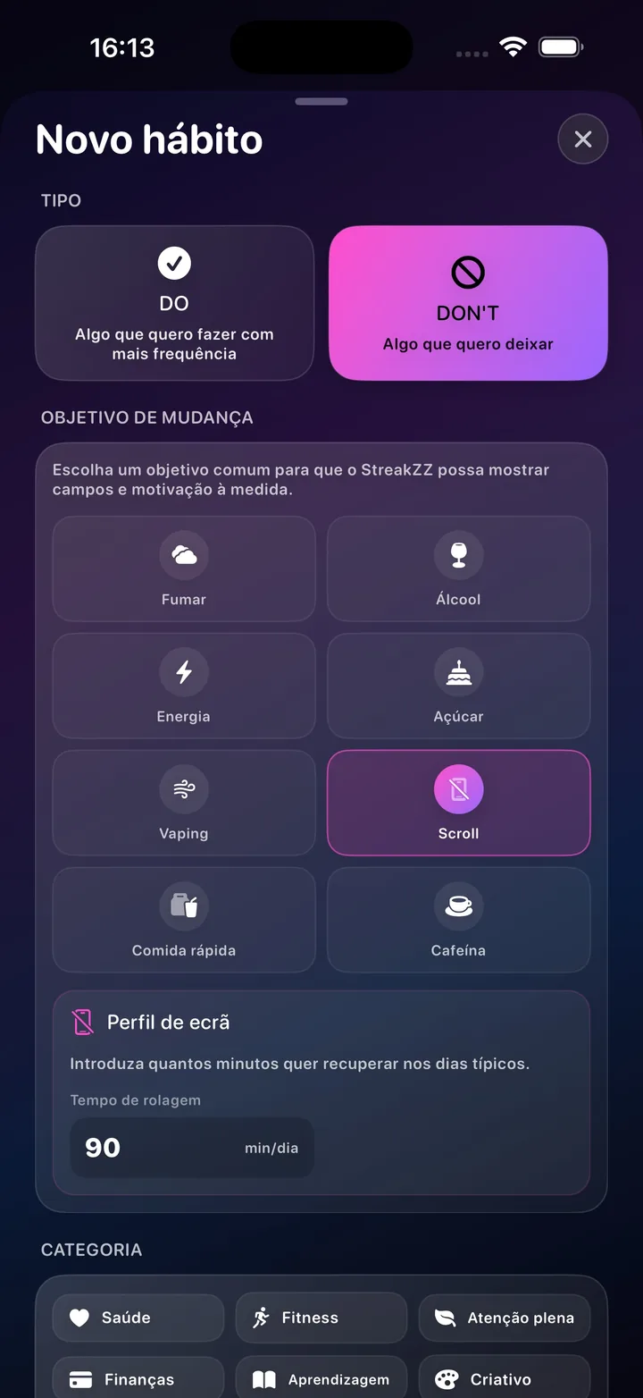 Criação de um hábito no StreakZZ