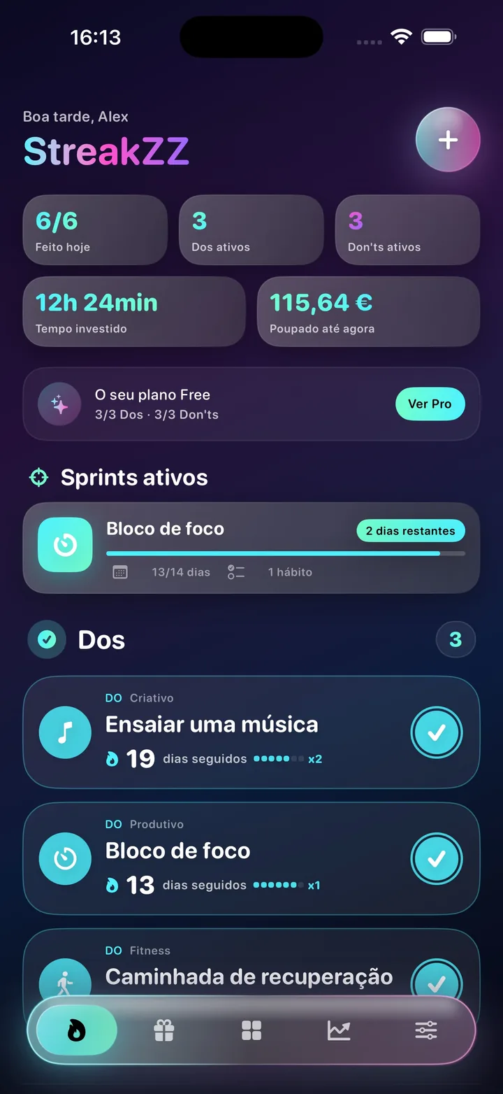 Ecrã inicial do StreakZZ com hábitos e um sprint ativo
