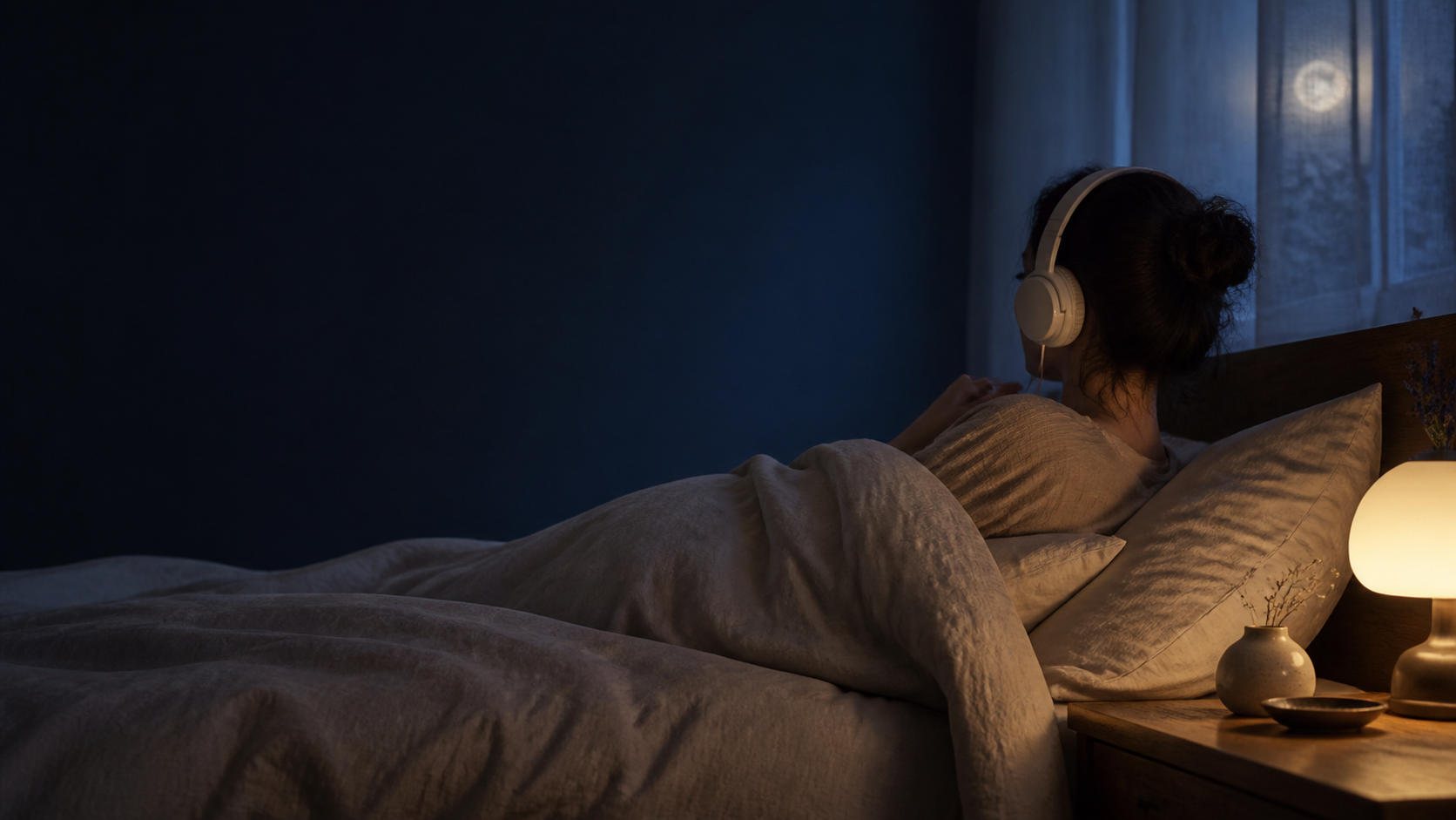 Eine Person hört abends entspannt im Bett eine Sleepidia-Geschichte