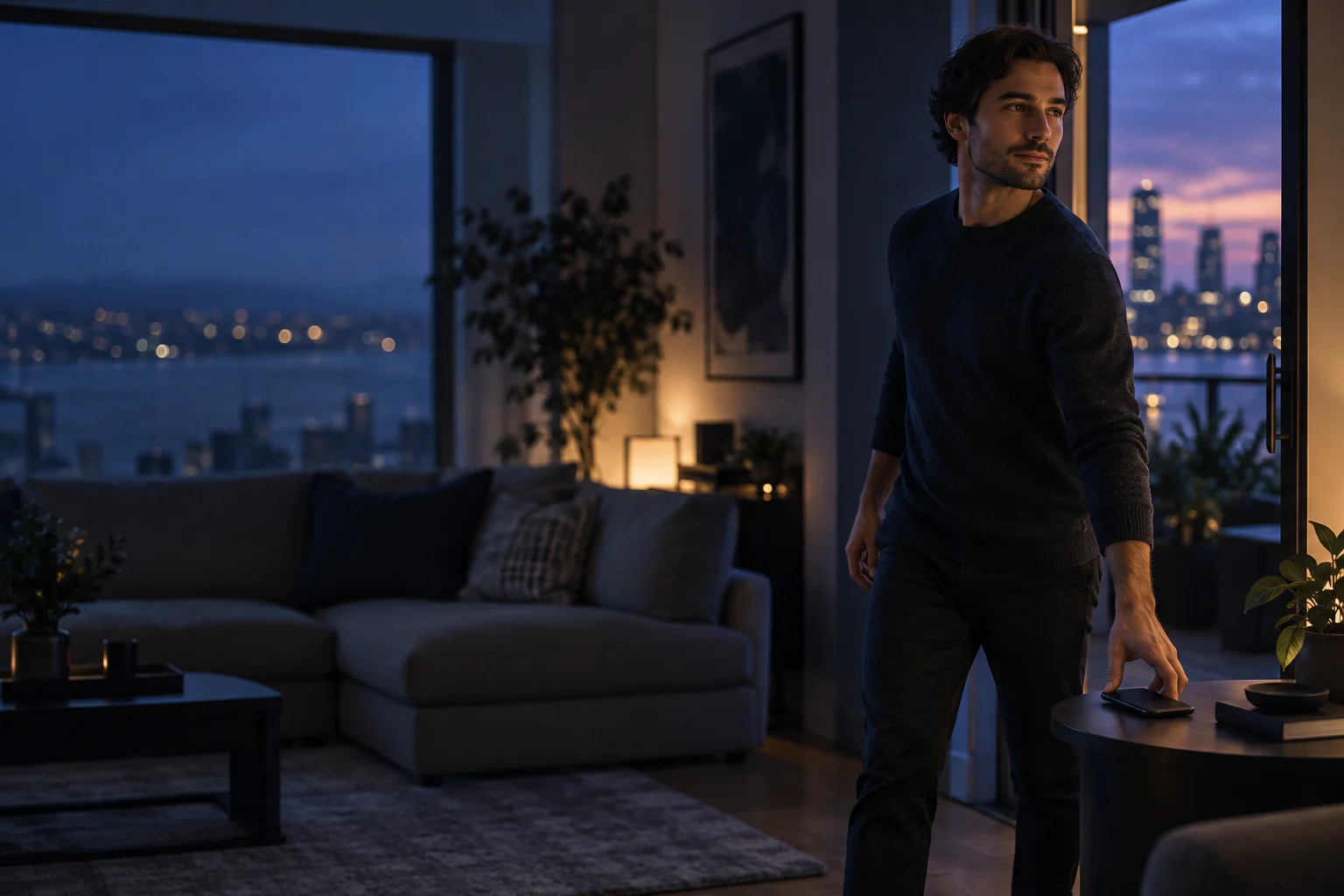 Man placing his smartphone face down in the evening and turning towards the balcony